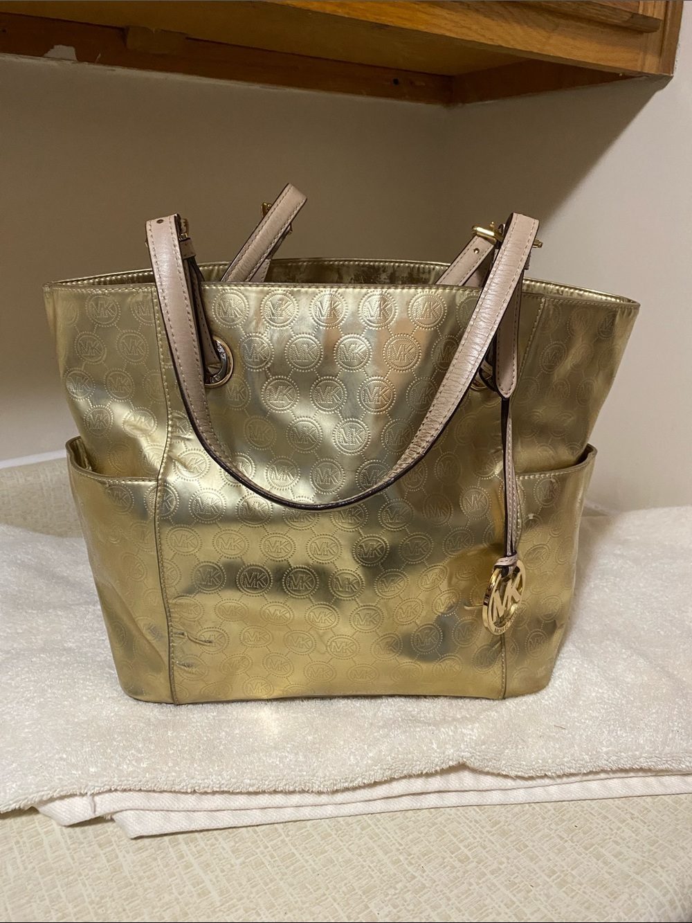 Michael Kors Metallic Gold MK-Pattern Tote with Charm